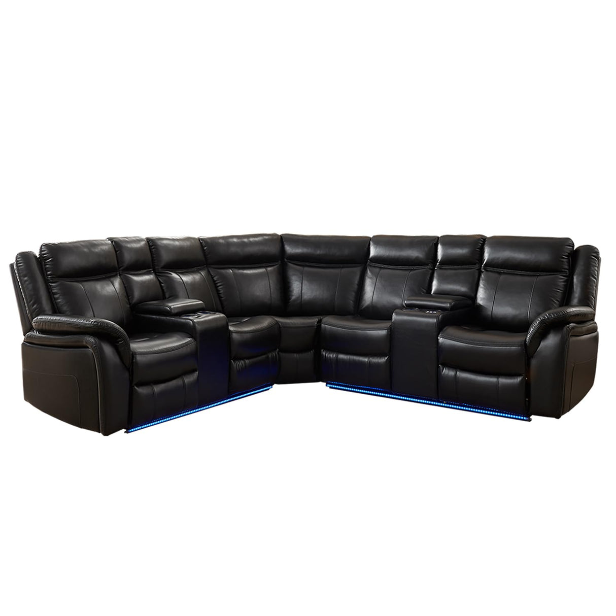 Power Recliner Sectional Sofa Couches with LED Lights for Living Room, Faux Leather Wall Hugger Reclining Corner Couch Sets with 2 Home Theater Seat, USB Charger, Cup Holder, Storage Console, Black Comfort Stretch