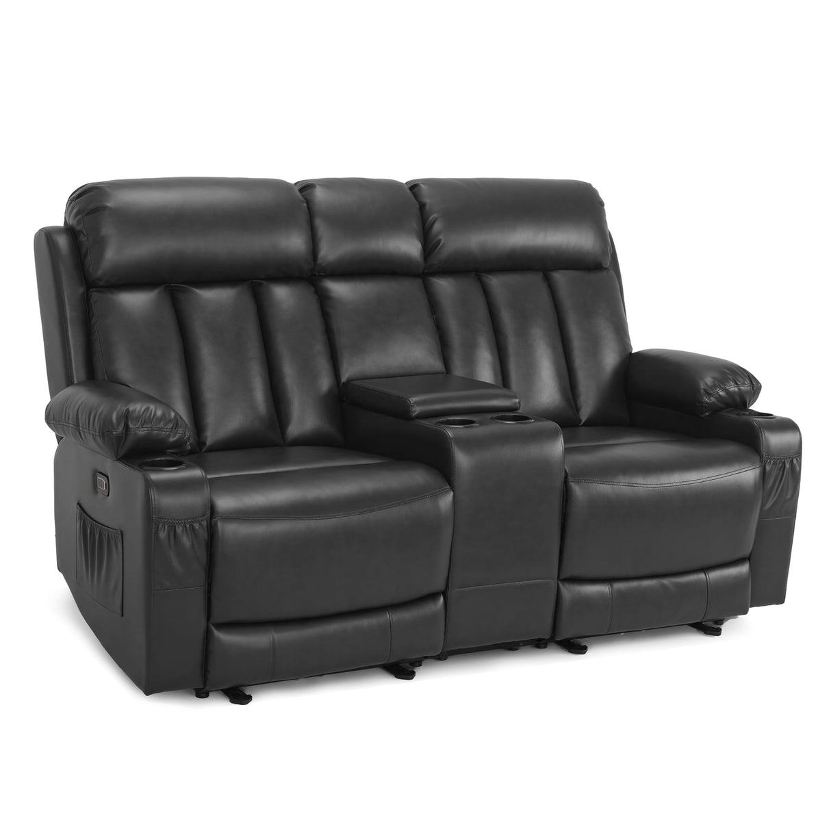 MCombo Power Loveseat Recliner with Console, Heat and Vibration Massage, Reclining Loveseat Sofa with USB Ports, Cup Holders for Living Room, Faux Leather 6095 (Black) MCombo