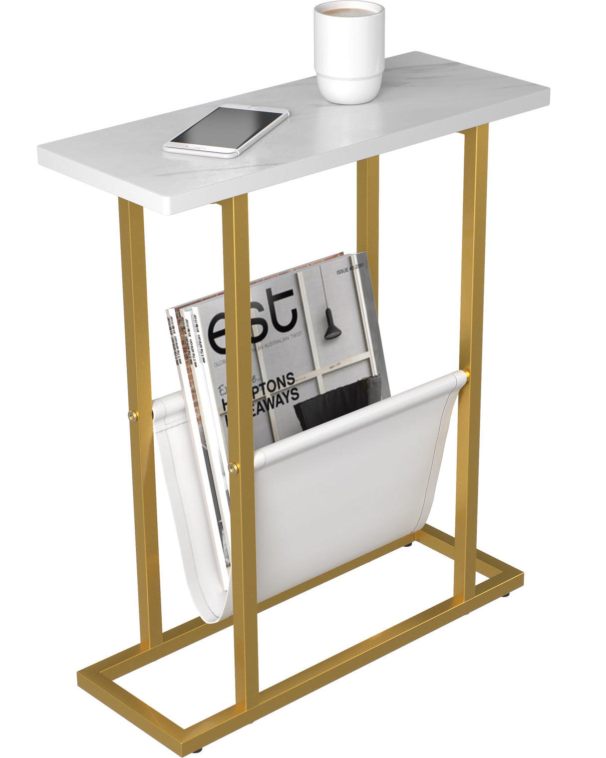Yusong Small Narrow Side Table for Small Spaces, 17.7" W Slim End Table Magazine Table Nighstand with Storage Holder, Accent Skinny Snack Couch Bedside Table, Gold White, Complete Iron Pipes Yusong