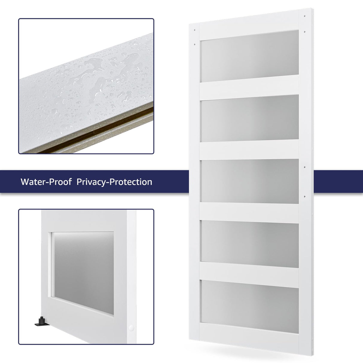 COSHOMER 36in x 84in 5-Panel Sliding Glass Barn Door with 6.6ft Hardware Kit Included, Easy Assembly with Pre-Drilled Holes, Waterproof, Frosted Glass for Bathroom-Fit Max Opening 34in x 82in, White COSHOMER