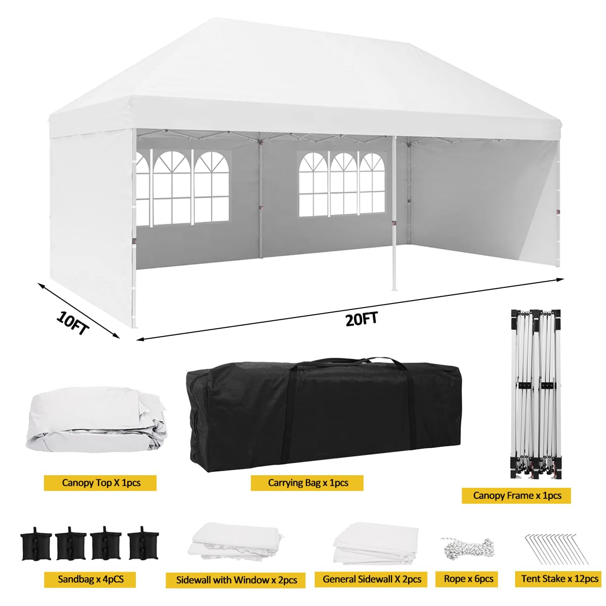 Eachbid 10' x 20' Pop Up Canopy Gazebo Commercial Tent with 4 Removable Sidewalls, Large Party Tent, Event Shelter Gazebo Canopy with 4 Sandbags, Stakes X12, for Patio Party Weddings Picnic (White) Eachbid