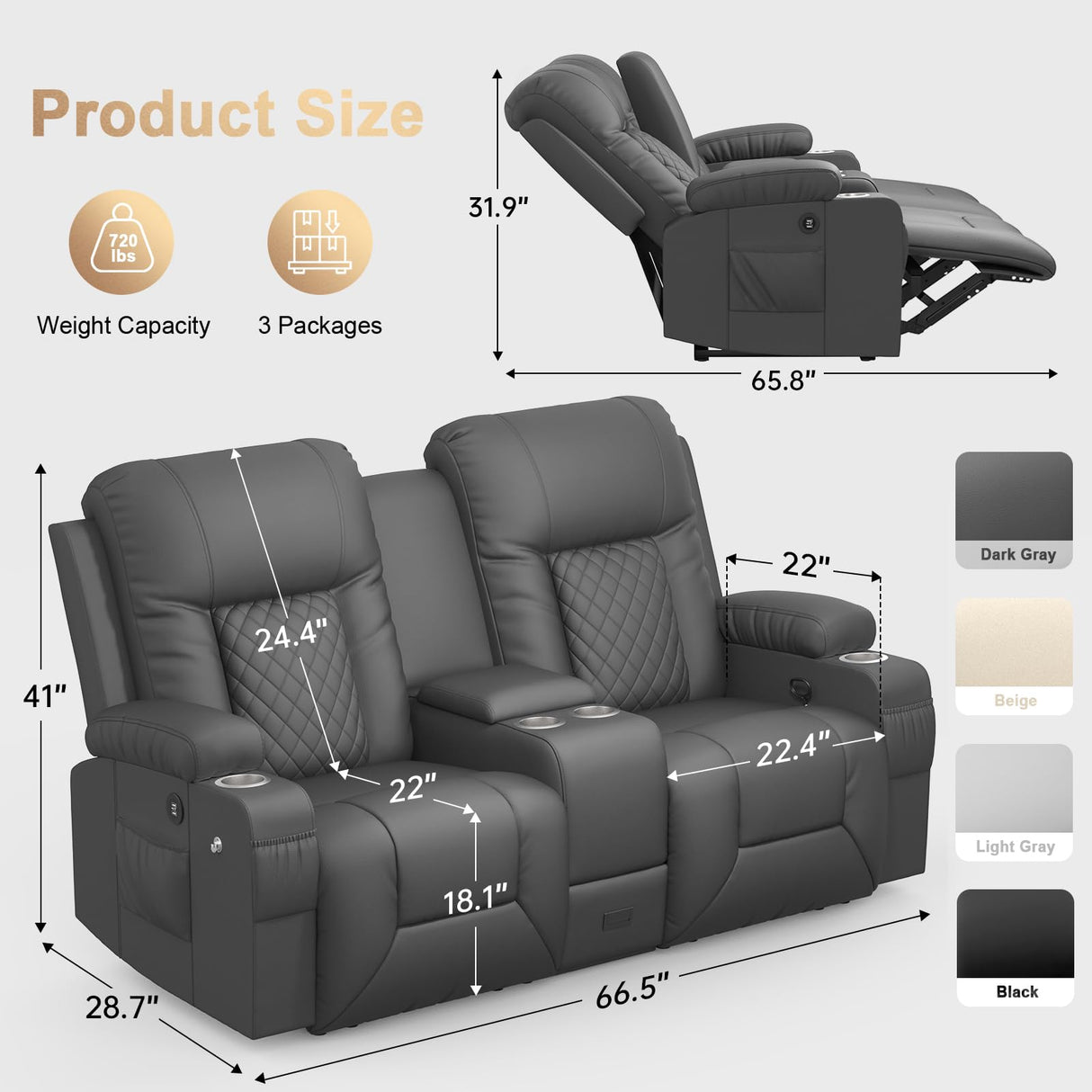DG PEAFOWL Loveseat Recliner Sofa, Home Theater Seating with Center Console, Reclining Loveseat RV Couch with USB Ports & Phone Holders, Wall Hugger RV Sofa Furniture with Storage & Pocket DG PEAFOWL