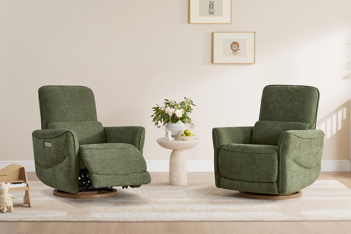 CHITA Power Nursery Rocking Chair, Swivel Glider Recliner Chair with Solid Wood Base, Bulit-in USB & Type-C Charging Ports for Living Room, FSC Certified, Moss Green CHITA