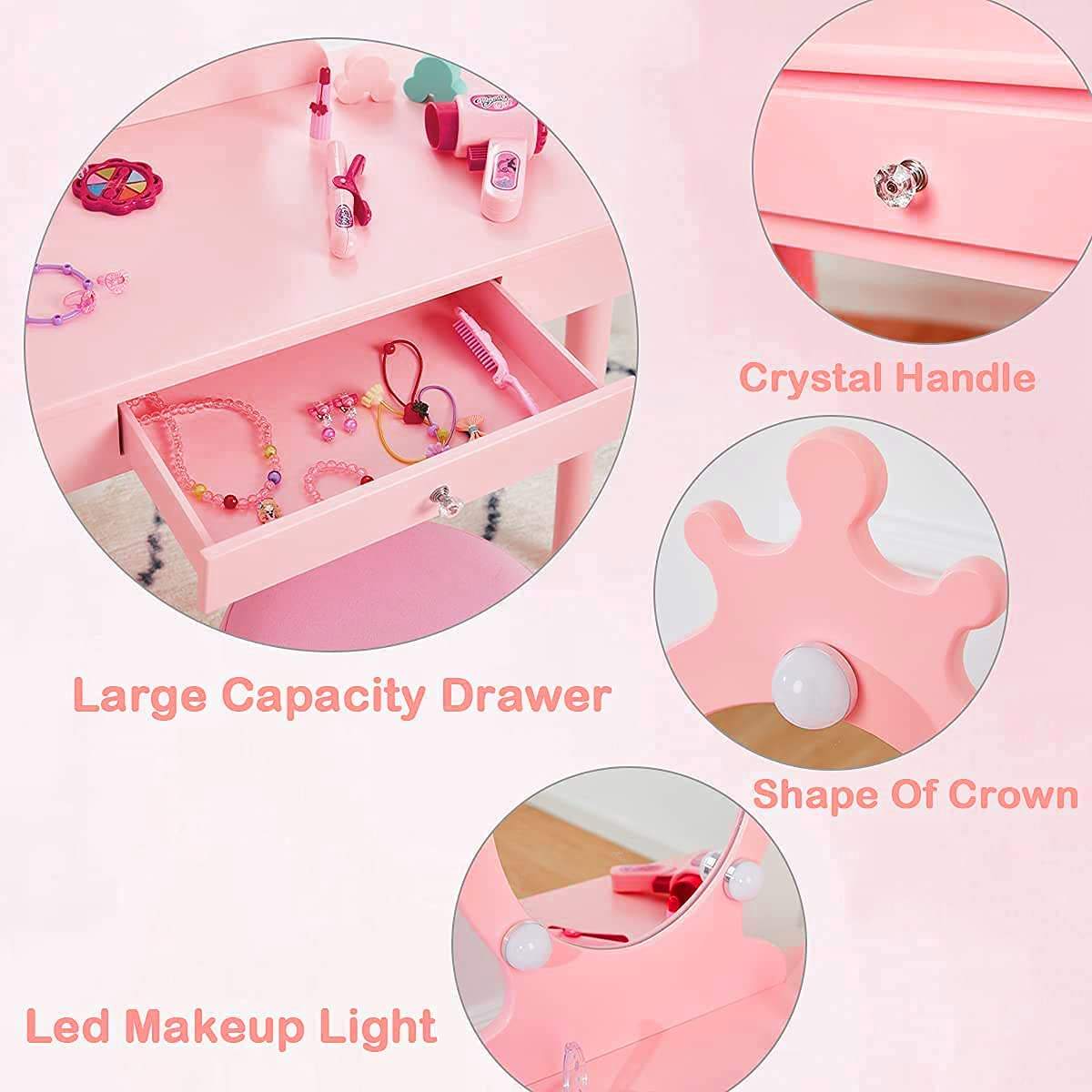 Vabches Kids Makeup Vanity with Lights and Mirror,Little Girl Vanity Table and Chair Set,Cute and Sturdy,Pink Vabches