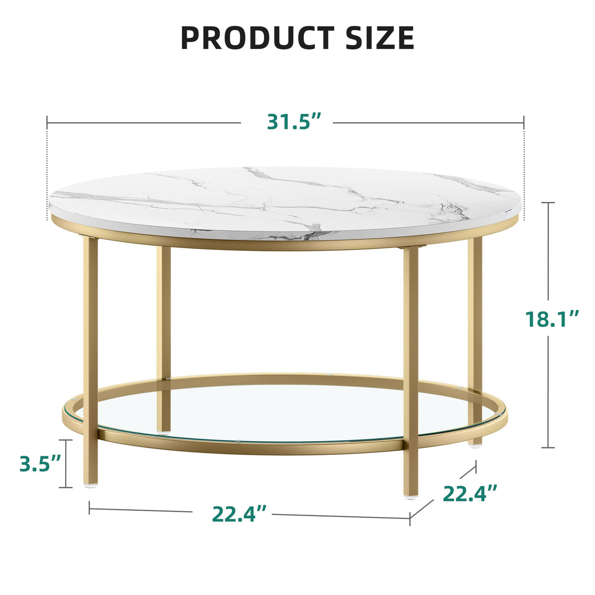 YITAHOME White Marble Round Coffee Table with Glass for Living Room, 2-Tier Circle Coffee Table with Storage Clear Coffee Table, Simple Modern Center Cocktail Table, White & Gold YITAHOME