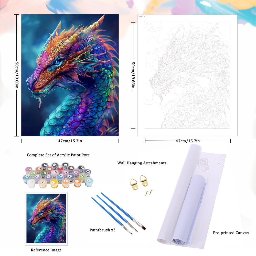 Natuyalo Paint by Numbers Kits for Adults Colorful Dragon Paint by Number for Adults Beginner Animal Drawing Paintwork with 3 Paintbrushes Acrylic Canvas Painting 16x20 Inch Natuyalo