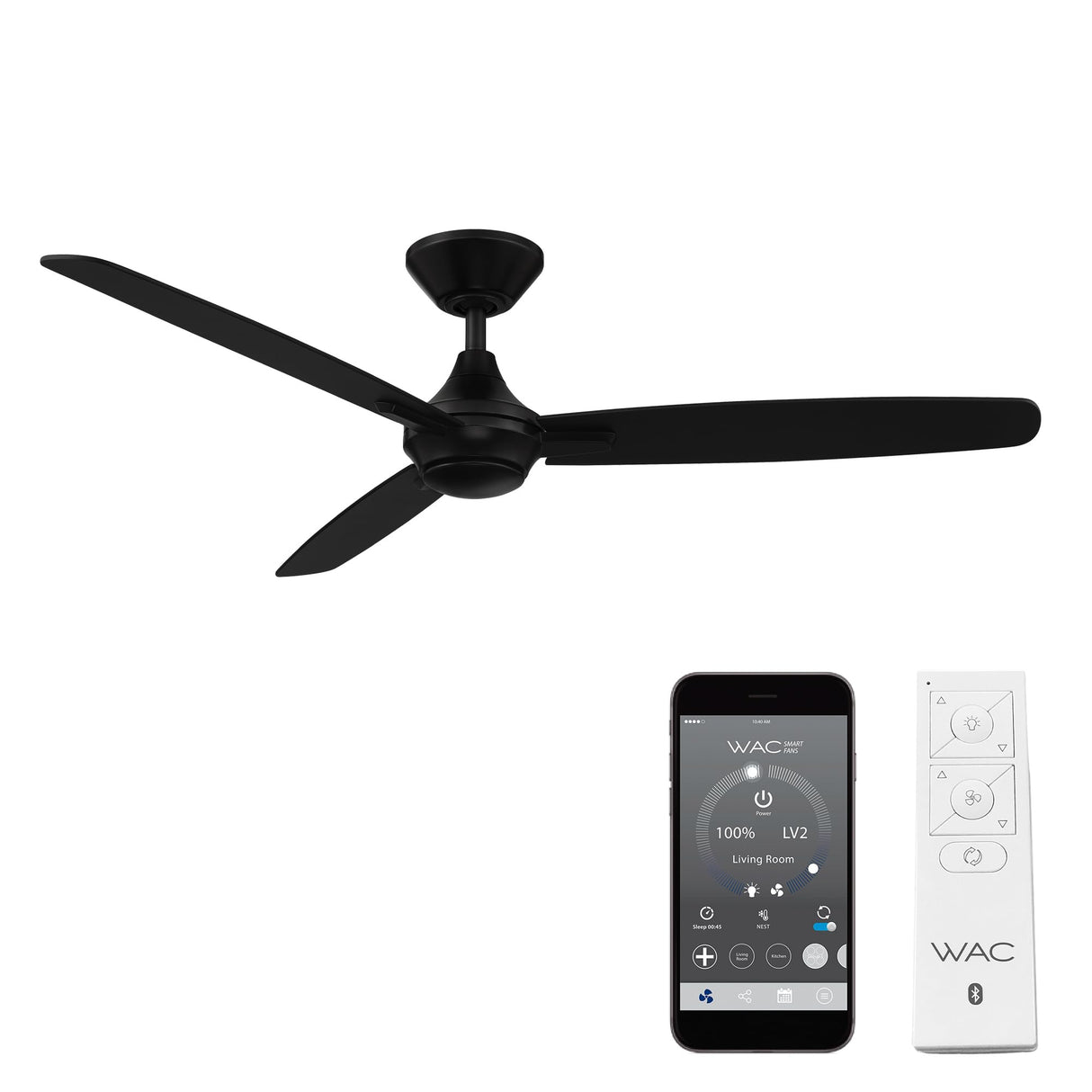 WAC Smart Fans Blitzen Indoor and Outdoor 3-Blade Smart Home Ceiling Fan 54in Matte Black with Remote Control works with Alexa and iOS or Android App (NO LED LIGHT KIT) WAC Lighting