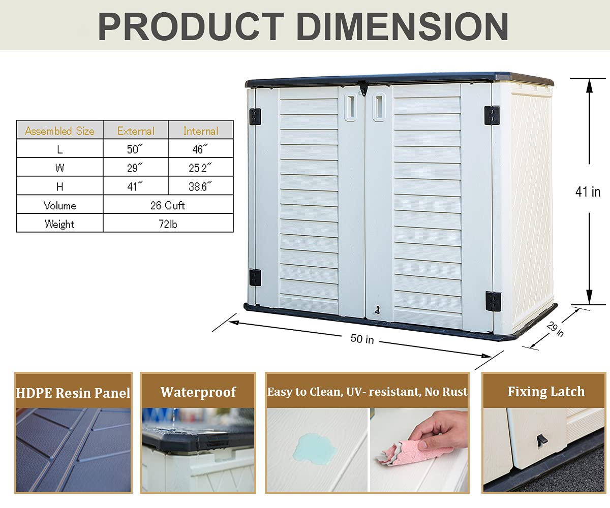 HOMSPARK Storage Shed Weather Resistance, Multi-Purpose Outdoor Storage Cabinet for Backyards and Patios, Horizontal Storage Shed for Lawnmower, Patio Accessories (White 1, Large - 26 cu.ft) HOMSPARK