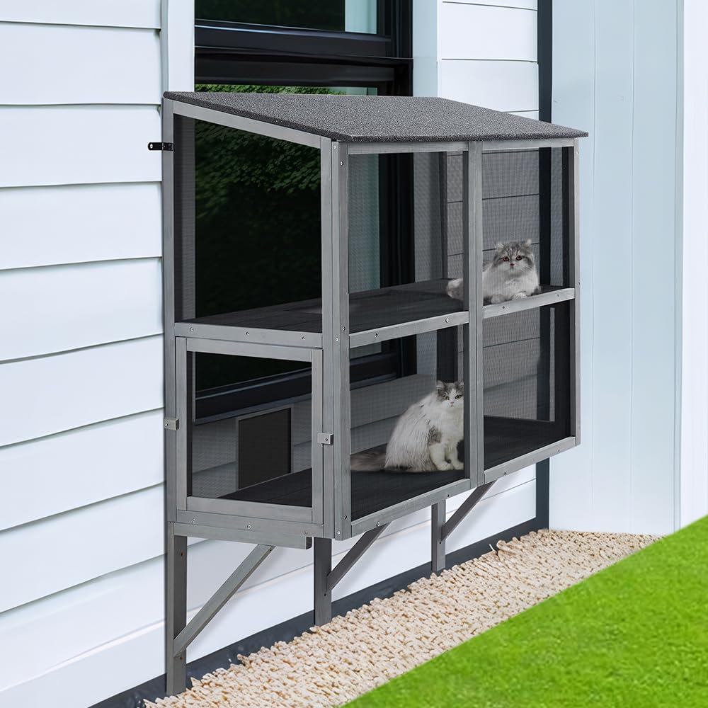beeNbkks 2 Tiers Bug Proof Cat Catio, Window Cat House with Metal Mesh, Outdoor Enclosure for Indoor Pets, Expandable Wooden Perch, Safe Comfortable Haven for Pets, Keep Bugs Insects Out beeNbkks
