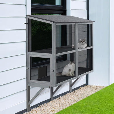 beeNbkks 2 Tiers Bug Proof Cat Catio, Window Cat House with Metal Mesh, Outdoor Enclosure for Indoor Pets, Expandable Wooden Perch, Safe Comfortable Haven for Pets, Keep Bugs Insects Out