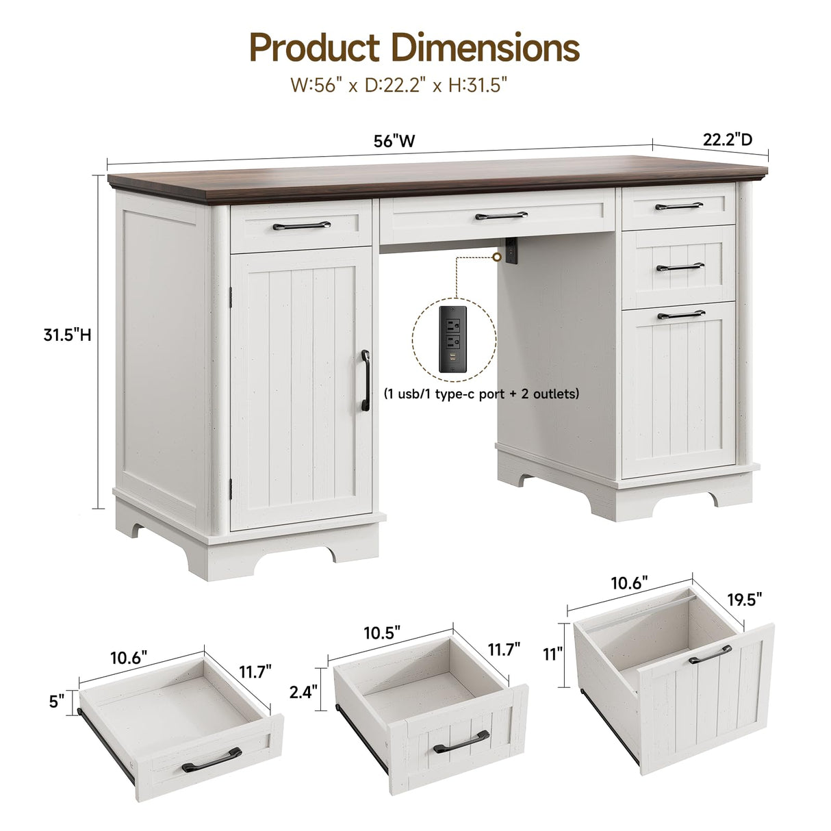 56" Farmhouse Executive Desk with File Drawer, Large Modern Computer Desk with Charging Station, Wood Home Office Desks with Storage, Adjustable Shelf, for Study Work Writing Living Room (White) ONBRILL