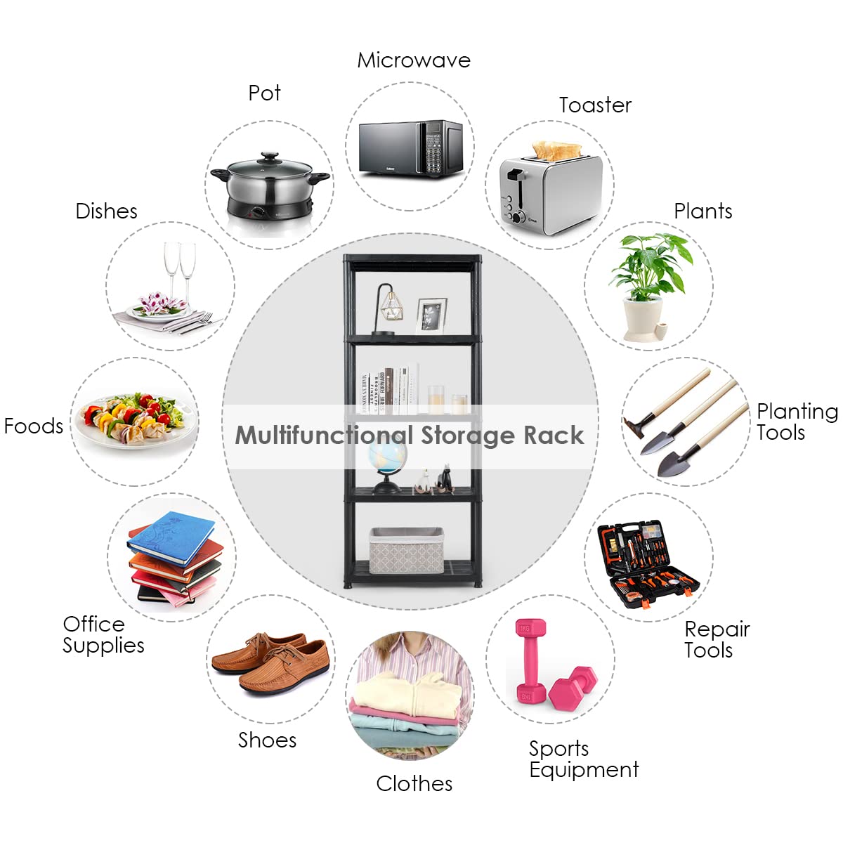 IRONMAX 5-Tier Garage Shelving Unit, Plastic Storage Rack with 4 Wall Brackets, Heavy Duty Shelf Organizer for Indoor and Outdoor, Black (1, 36”L X 18”W X 73”H) IRONMAX