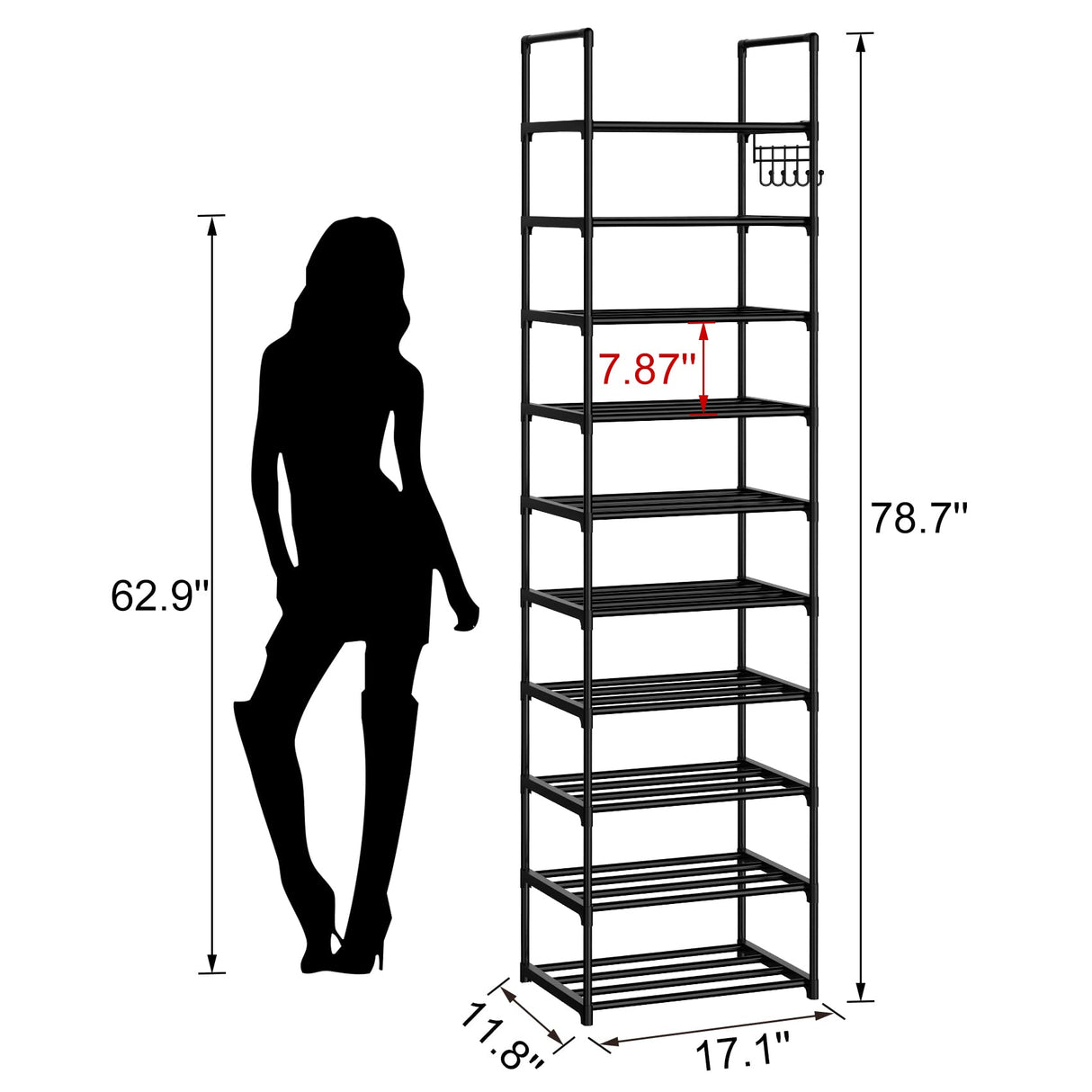 WEXCISE Narrow Shoe Rack 10 Tiers Tall Shoe Rack for Entryway 20 24 Pairs Shoe & Boots Organizer Storage Shelf Durable Black Metal Stackable Shoe Cabinet with Hooks, 17.1D x 11.8W x 78.7H in WEXCISE