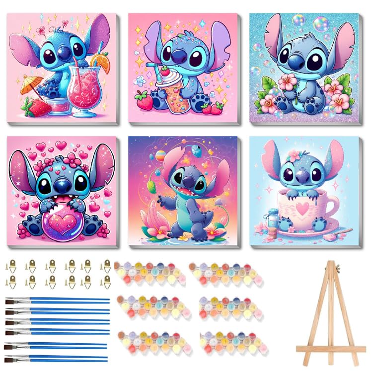 nekpiahu 6 Pack Cartoon Paint by Numbers for Kids with Framed Canvas-with Wooden Easel, Paint by Number for Kids Ages 4-8-12, DIY Easy Acrylic Oil Painting Kits for Home Wall Decor (8X8inch) nekpiahu