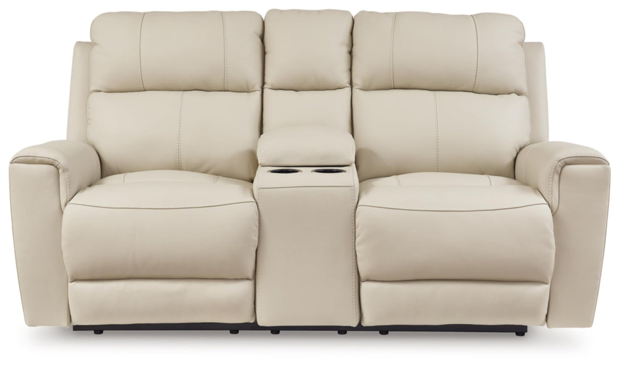 Signature Design by Ashley Dahlmoore Contemporary Leather Match Power Reclining Loveseat with Console and USB Ports, Beige Signature Design by Ashley