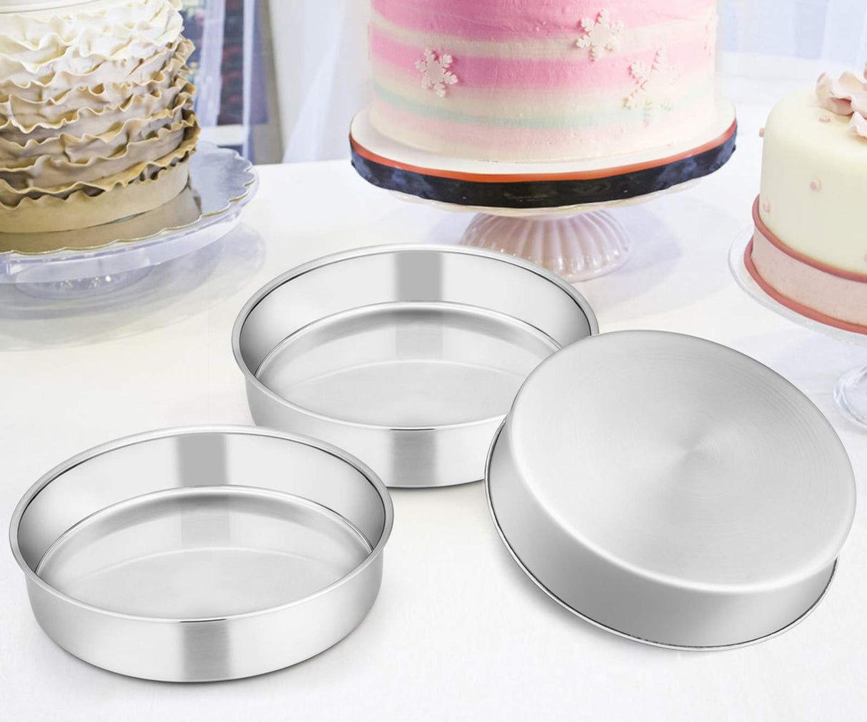 E-far 8 Inch Cake Pan Set of 3, Stainless Steel Round Layer Cake Baking Pans, Non-Toxic & Healthy, Mirror Finish & Dishwasher Safe E-far