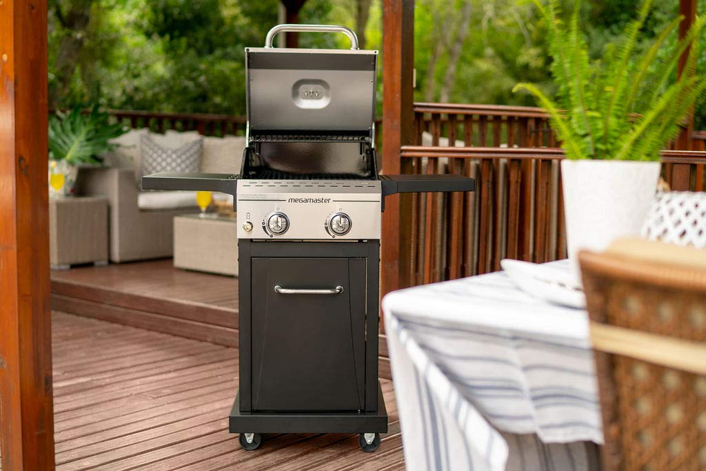 Megamaster 2-Burner Propane Barbecue Gas Grill with Foldable Side Tables, Perfect for Camping, Outdoor Cooking, Patio, Garden Barbecue Grill, 28000 BTUs, Silver and Black, 720-0864MA Megamaster