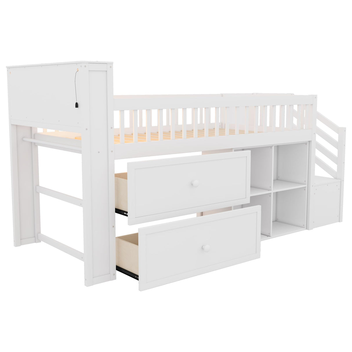 Duxelifin Low Loft Bed with Stairs and LED Lights, Twin Loft Bed Frame with 2 Storage Drawers & Bookcase Headboard, Kids Loft Bed with Guardrails & 2 Steps Shelves for Junior Girls Boys, White Duxelifin