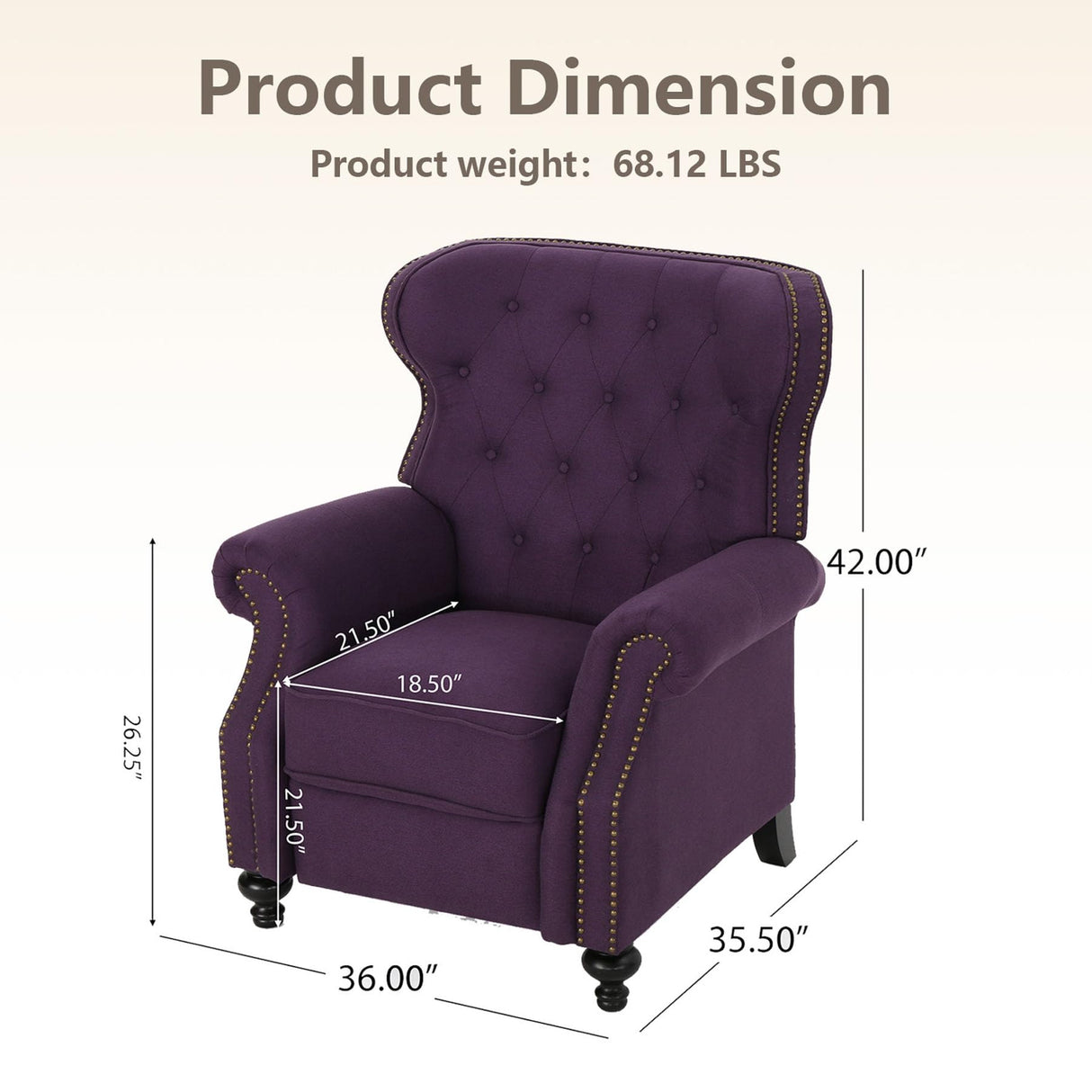 Pushback Recliner Chair, Fabric Armchair Push Back Recliner with Rivet Decoration, Mid Century Wingback Accent Chair for Living Room, Bedroom, Stable Hump Feet (Purple) anwickjeff