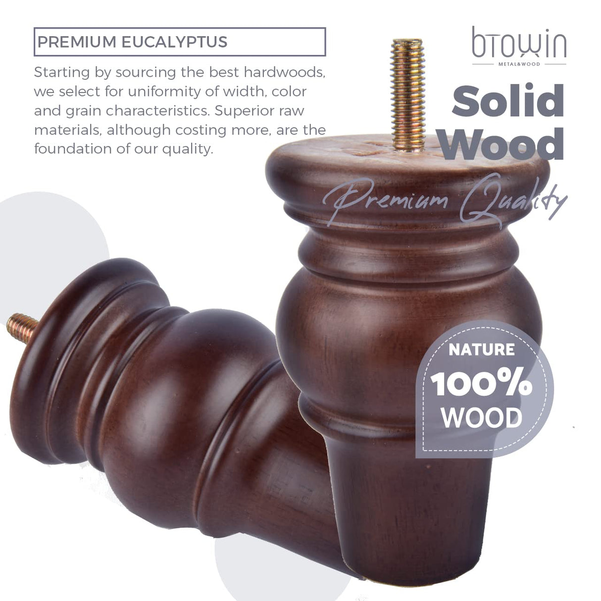 Btowin 4 inch Solid Wood Furniture Legs, 4Pcs Wooden Turned Bun Feet with Threaded 5/16'' Hanger Bolts & Mounting Plate & Screws for Sofa Couch Chair Ottoman Loveseat Btowin