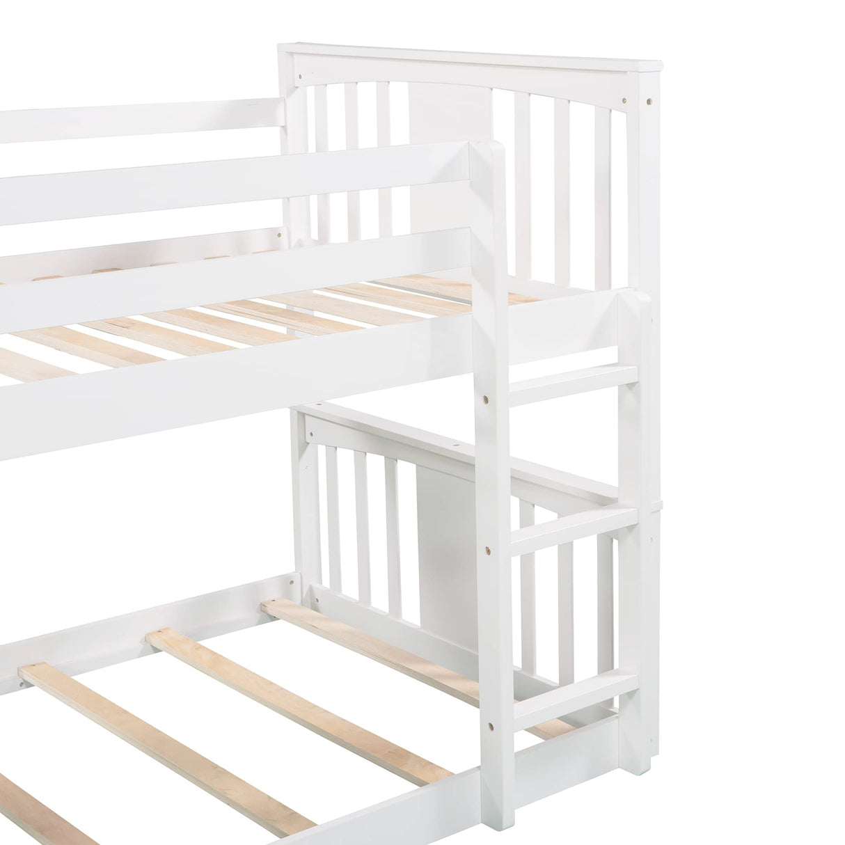 Montessori Floor Bunk Bed Twin Over Twin, Twin Bunk Bed with Slide and Ladder, Kids Bunk Beds with Guardrail Headboard and Footboard, Low Bunk Beds for Kids, Boys, Girls, Twin Bunk Bed White Bellemave