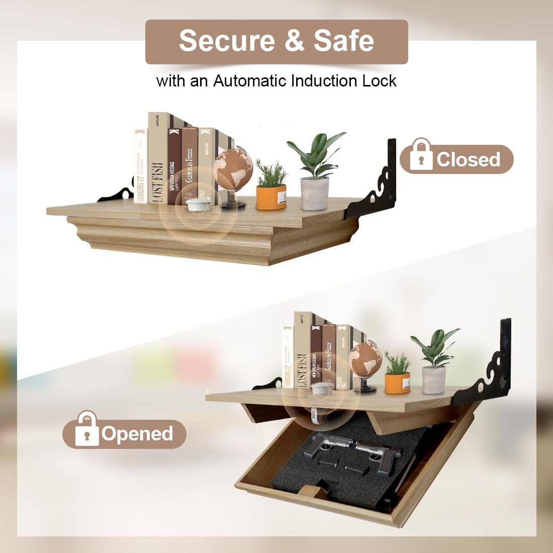 DOLEMODUO Hidden Shelf for Gun, Wall Mounted Hidden Gun Storage Shelf with Lock, Solid Wood Hidden Compartment Furniture DOLEMODUO