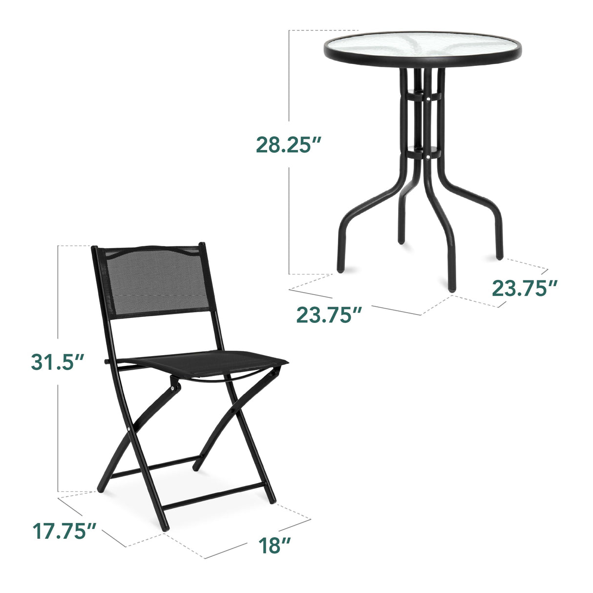 Best Choice Products 3-Piece Patio Bistro Dining Furniture Set w/Textured Glass Tabletop, 2 Steel Folding Chairs, Polyester Fabric - Black Best Choice Products