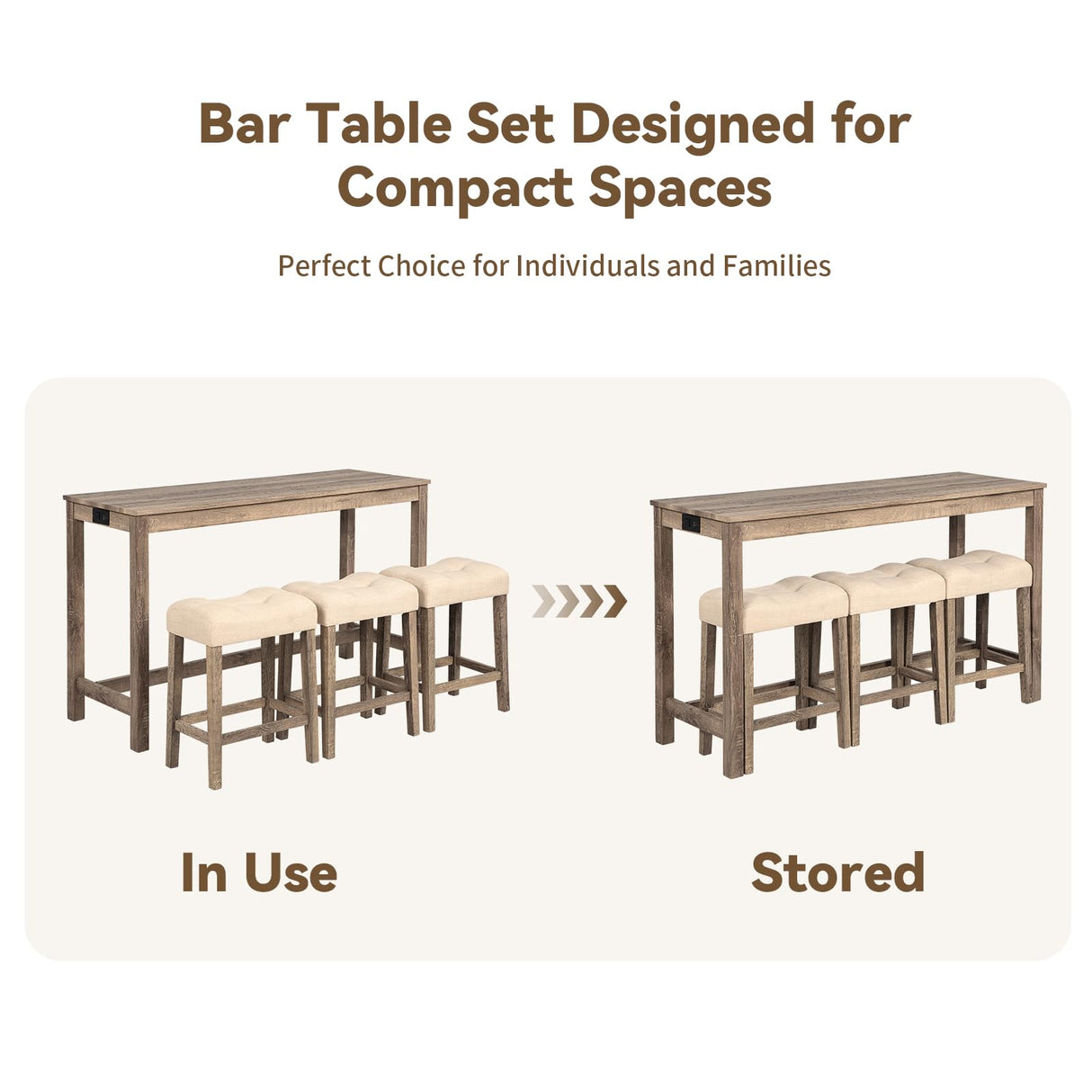 YWUFUART 59" Counter Height Bar Table Set with Power Outlet, Industrial Breakfast Table with 3 Padded Stools, 4 Piece Bar Table and Chairs Set for Living Room, Dining Room, Brown YWUFUART