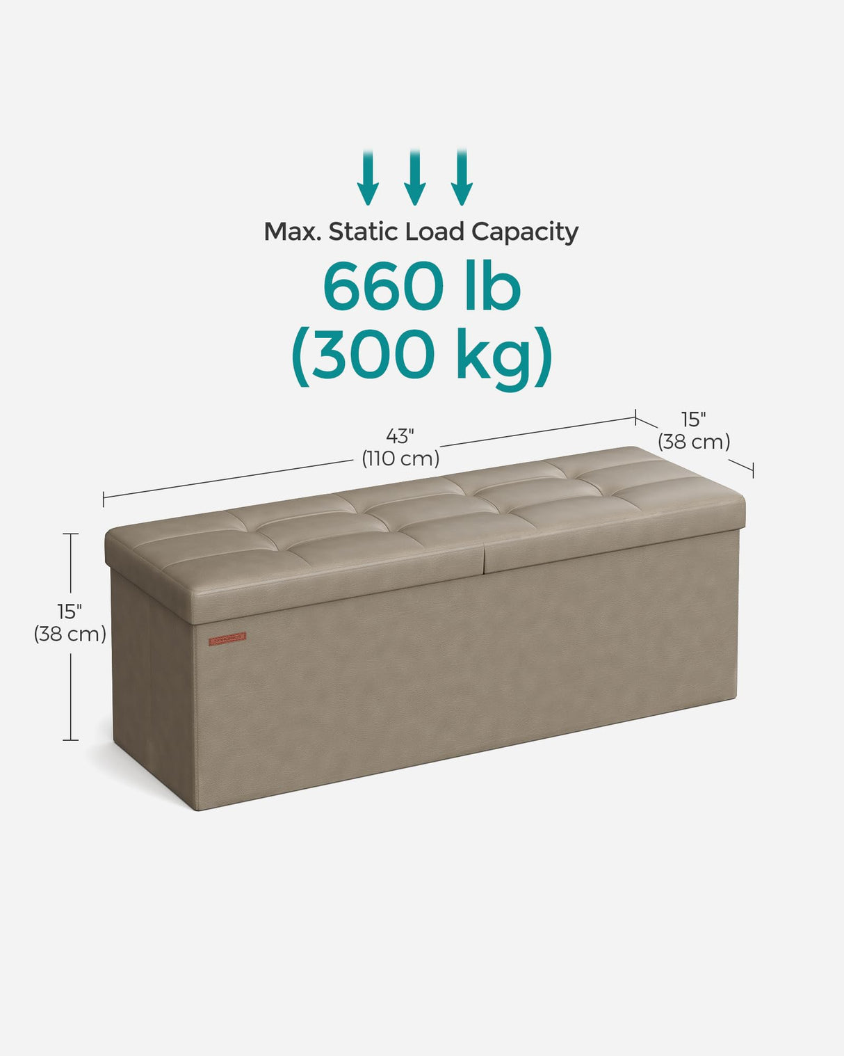 SONGMICS MAZIE Collection - 43 Inches Storage Ottoman Bench with Flipping Lid, Storage Chest with Iron Frame Support, Load 660 lb, for Living Room, Bedroom, Synthetic Leather, Camel Brown ULSF075K03 SONGMICS