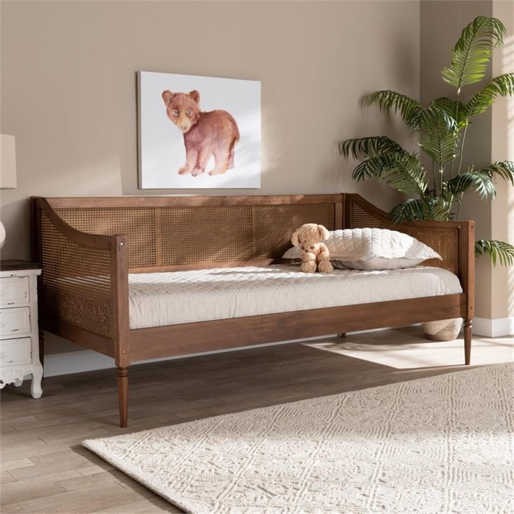 Baxton Studio Ogden Mid-Century Modern Walnut Brown Finished Wood and Synthetic Rattan Twin Size Daybed Baxton Studio