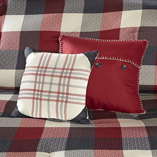 Madison Park Ridge Comforter Set - Cabin Lodge Plaid Herringbone Design, All Season Down Alternative Cozy Bedding with Matching Bedskirt, Shams, Decorative Pillow, Red Queen(90"x90") 7 Piece Madison Park