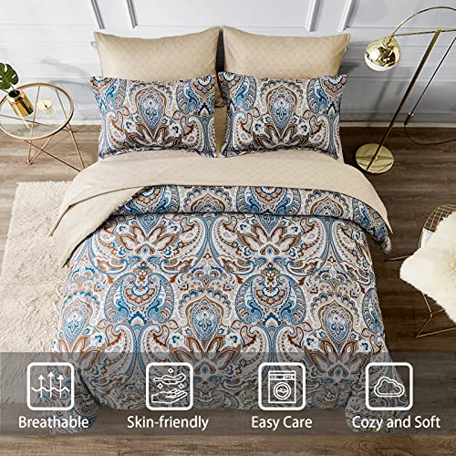 Drucon Brown Paisley Comforter Set Full, 7 Pieces Bed in a Bag Brown Paisley Pattern Comforter Soft Microfiber Bedding Set Full Size with Sheet and Pillowcases for Men Women Drucon