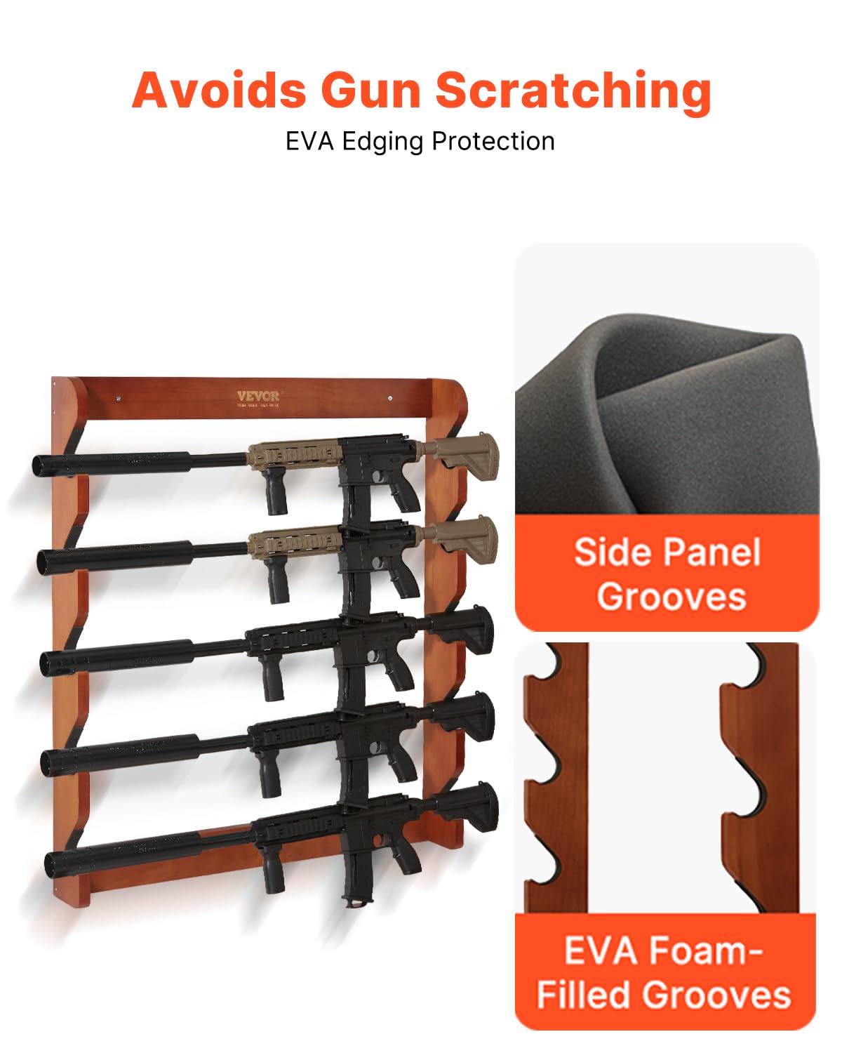 VEVOR Gun Rack, 5-Slot Wall Mounted Wooden Gun Rack, Heavy Duty Gun Display Rack Holds 5 Shotguns and Rifles, Wall Storage Display Rifle Rack with Soft Padding, 132 lbs Capacity VEVOR