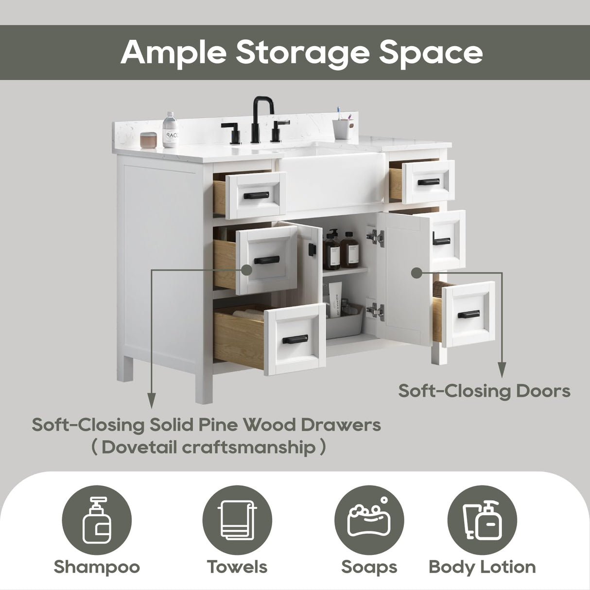 DELUXE LIVING 48 Inch Bathroom Vanity with Sink, Single Sink Bathroom Vanity, Solid Wooden Frame Bathroom Sink Cabinet with Soft Closing Doors & Drawers, Adjustable Feet, Apron Farm Sink, White DELUXE LIVING