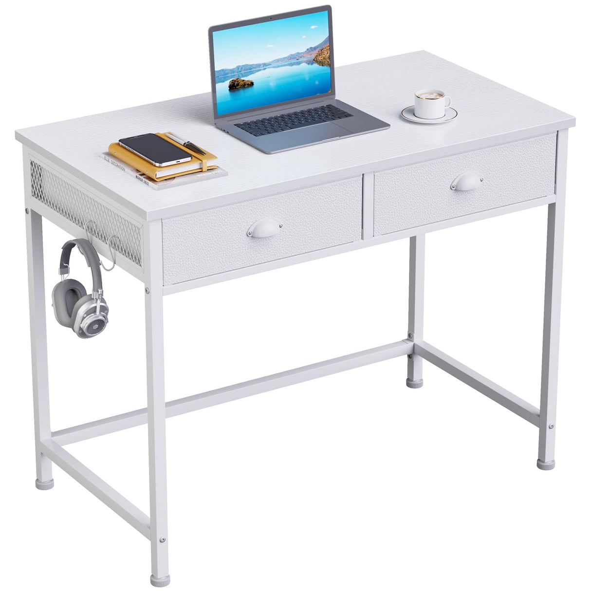 Furologee White Small Computer Desk with 2 Fabric Drawers, 36 Inch Simple Home Office Writing Desk, Vanity Desk with Hooks, Study Desk for Bedroom Small Spaces Furologee