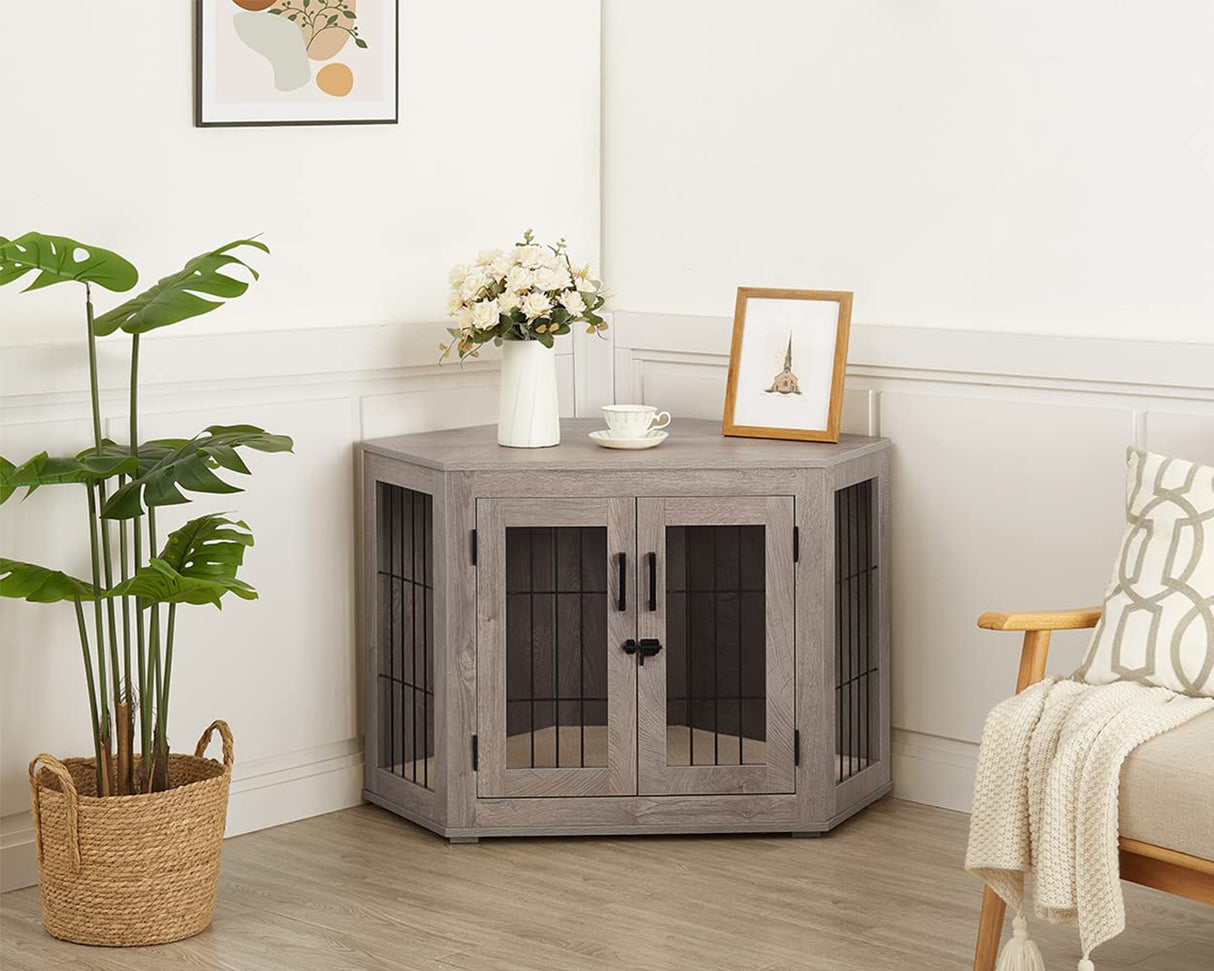 beeNbkks Furniture Dog Crate Corner, Dog Kennel Corner Wooden End Table with Cushion, Indoor Pet Crates Corner Side Table for Dogs, Wide Top Perfect for Limited Room beeNbkks