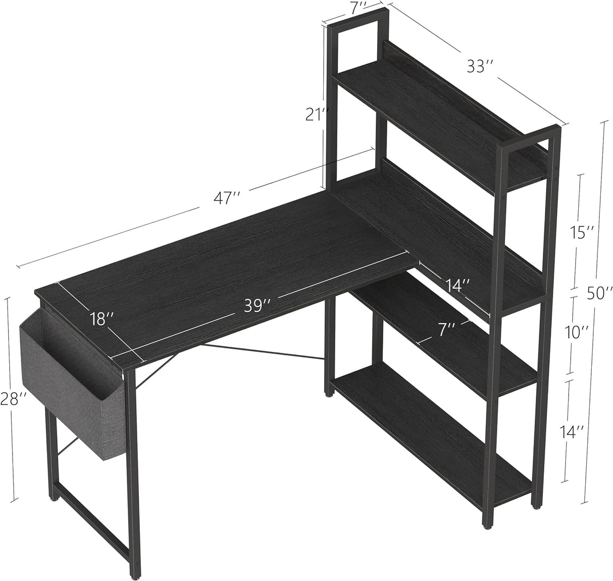 Treesland 47 Inch L-Shaped Computer Desk with Bookshelf and Storage Solutions in Black Treesland