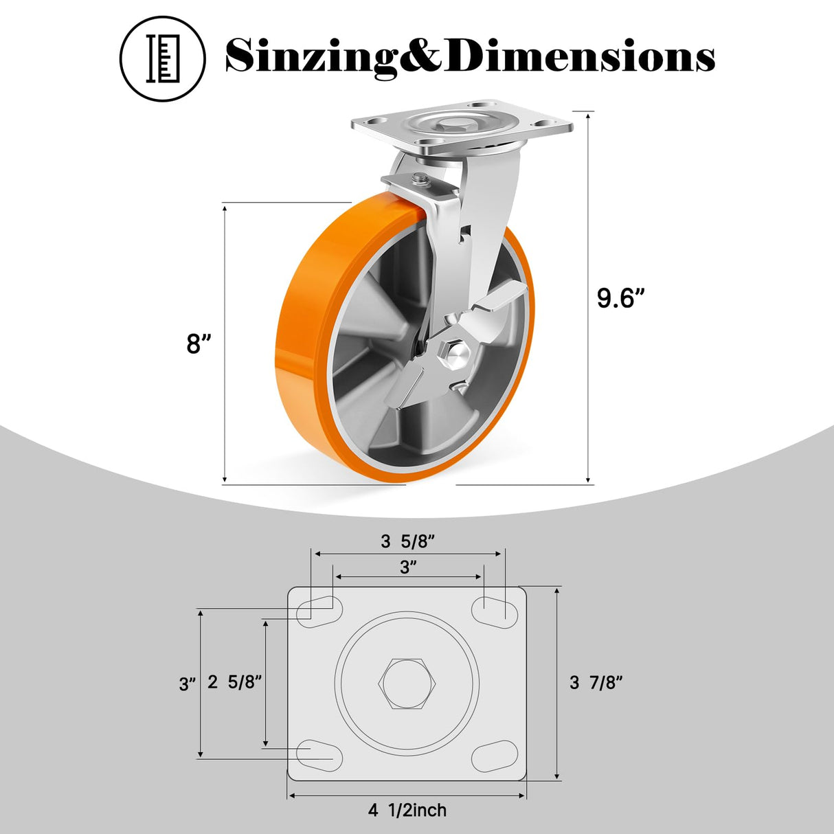 W B D WEIBIDA 8-Inch Industrial Grade Casters Wheels, Heavy Duty Casters Set of 4 with Brake 6000 LBS, Maintenance-Free Polyurethane on Aluminum Wheels, Plate Swivel Casters for Industrial W B D WEIBIDA