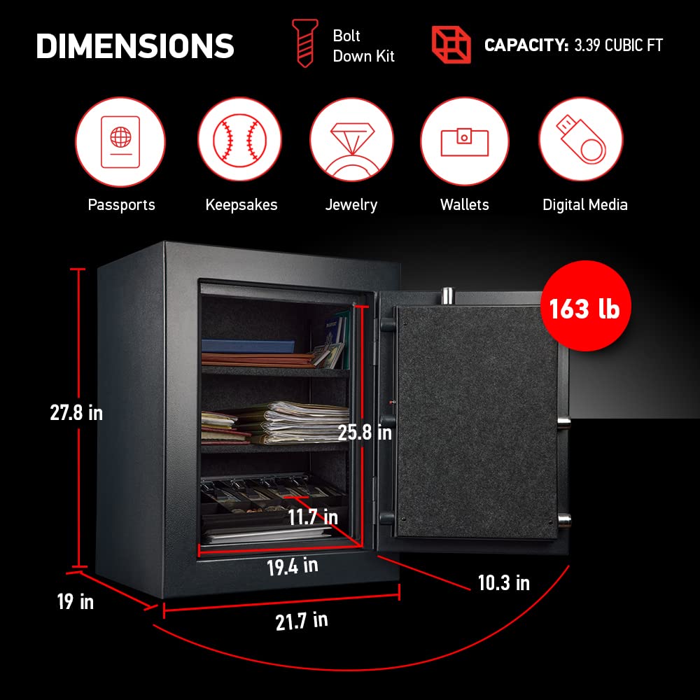 SentrySafe Fireproof and Waterproof XX-Large Black Steel Home Safe, DOJ-Certified with Digital Keypad Lock for Guns or Documents, 3.39 Cubic Feet, 27.8 x 21.7 x 19 Inches, EF3428E SentrySafe