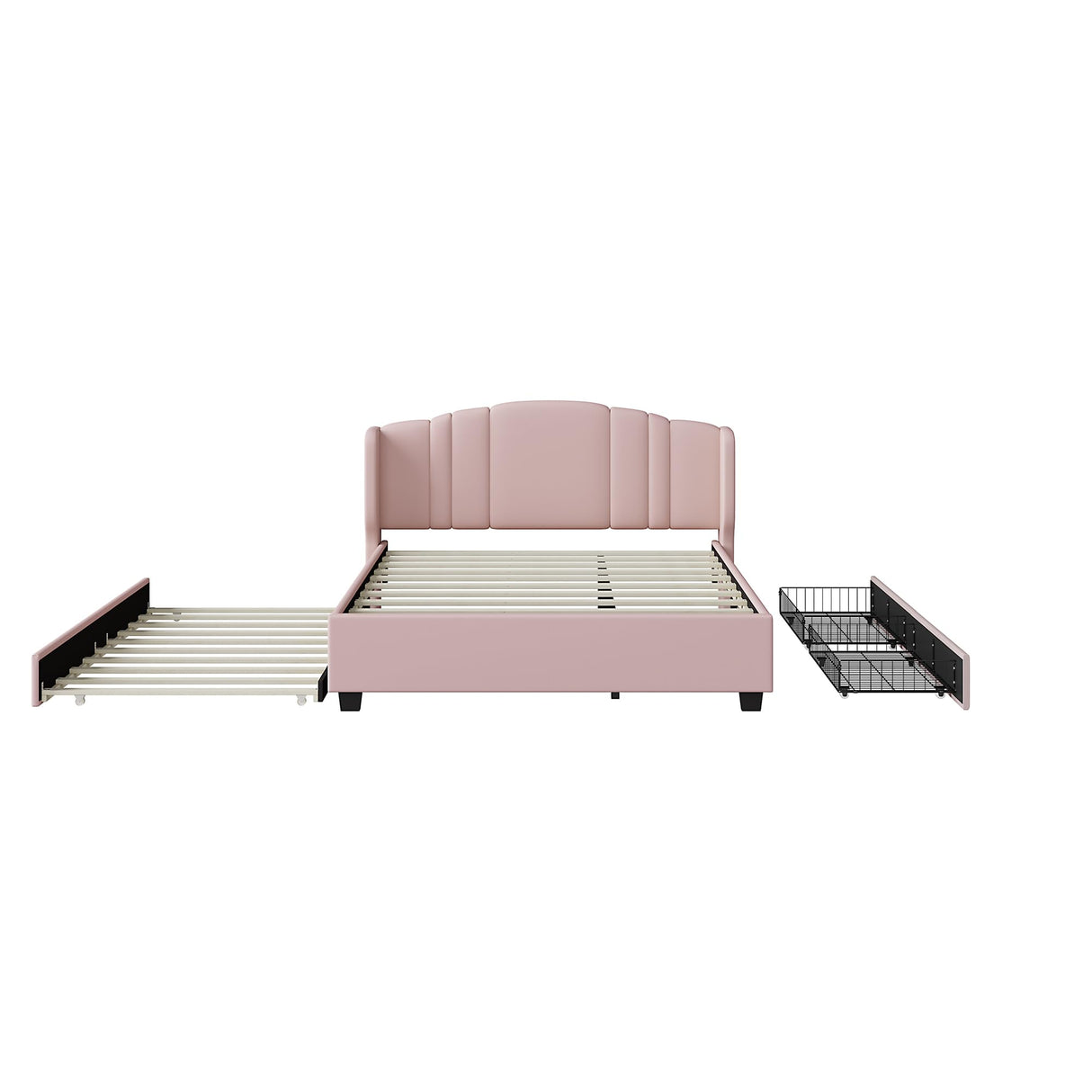 Queen Size Platform Bed Frame, Linen Fabric Upholstered Bed with Wingback Headboard, Twin Size Trundle and 2 Drawers, No Box Spring Needed, Easy Assembly (Pink) BEDGJH