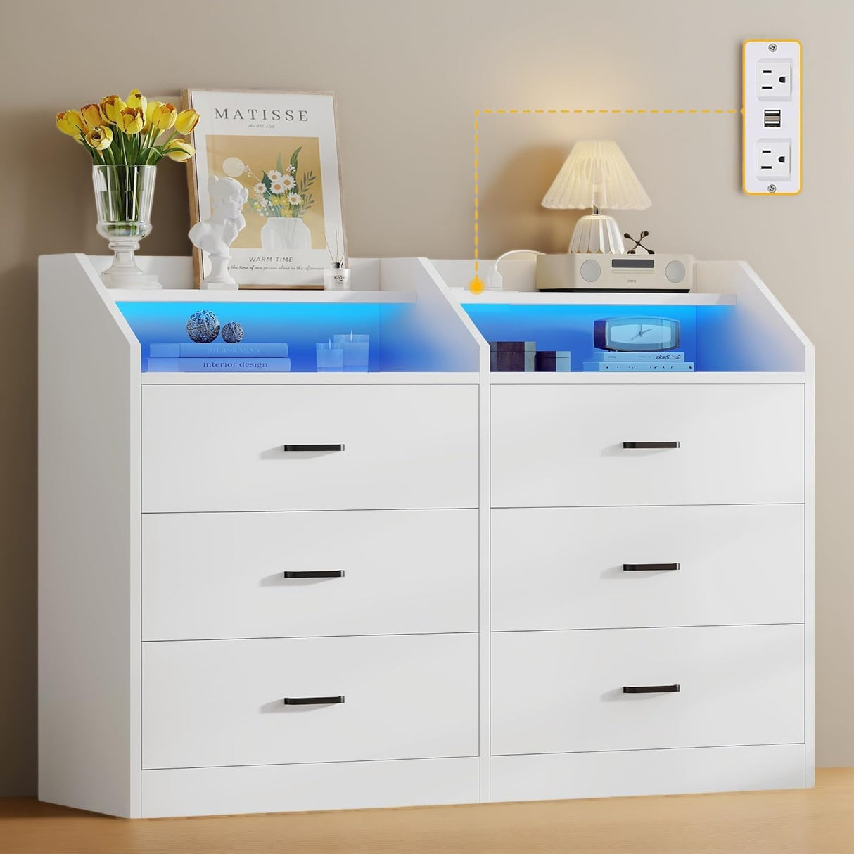 DWVO 6 Drawer Dresser with LED Light and Charging Station, Modern Chest of Drawers, Wide Drawer Organizer Cabinet for Living Room, Entryway, Hallway DWVO