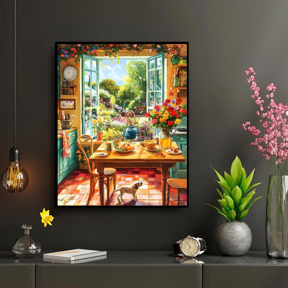 Diamond Art Kits for Adults Beginner- Cozy Kitchen and Garden Sunshine and Dog Diamond Painting Kits 5D Diamond Dots Gem Art Crafts with Tools- Round Full Drill Funny Crafts for Home Wall Decor&Gift Fairyland JinWenn