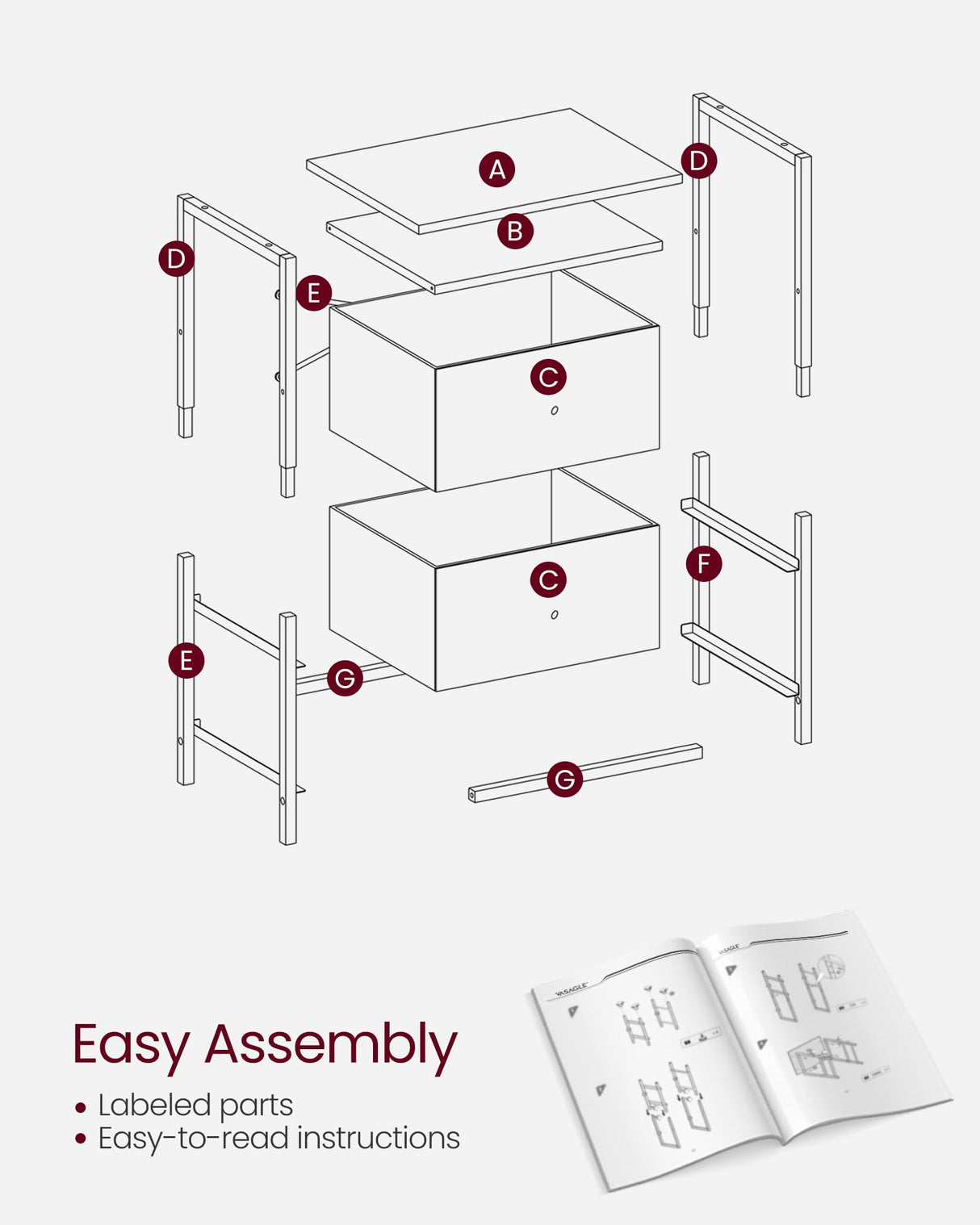 VASAGLE Nightstand, Side Table with 2 Fabric Drawers, 24-Inch Tall End Table with Storage Shelf, Bedroom, Ash Black and Black ULGS025B21 VASAGLE