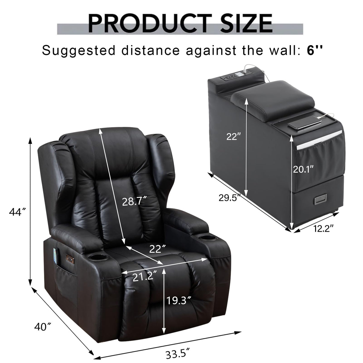 DRMBOOK Power Recliner Chair Set of 2, Faux Leather Wall Hugger Reclining Sofa, Double Electric Home Movie Sofa with Massage & Heat, 2 Person Recliner Set with LED Light for Living Room RV, Black DRMBOOK