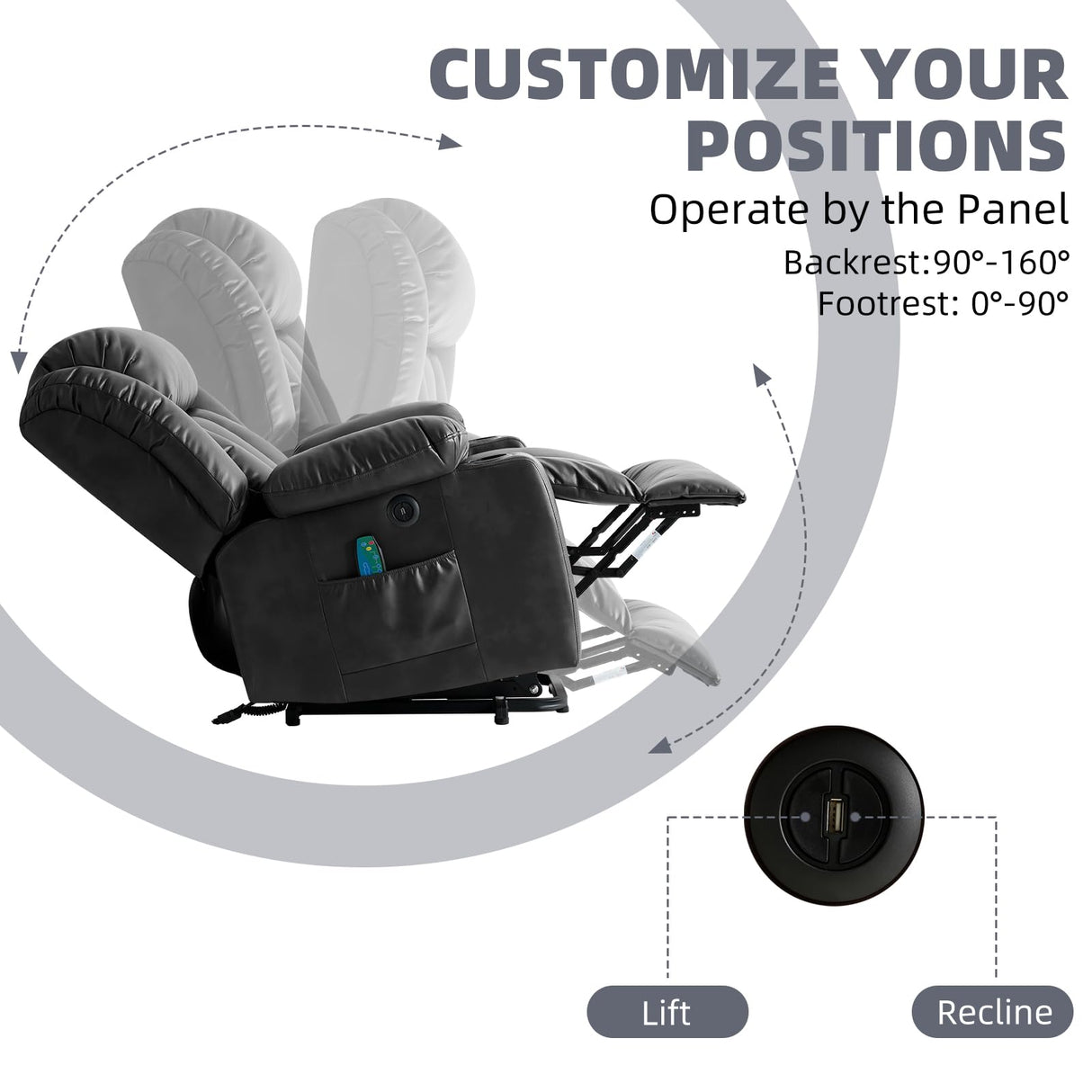 RESTREAL Power Lift Recliner Chair for Elderly, Electric Recliner Chairs for Adults with Massage and Heat, Cup Holders, Remote Control, USB Ports, Side Pockets, Leather (Black) RESTREAL