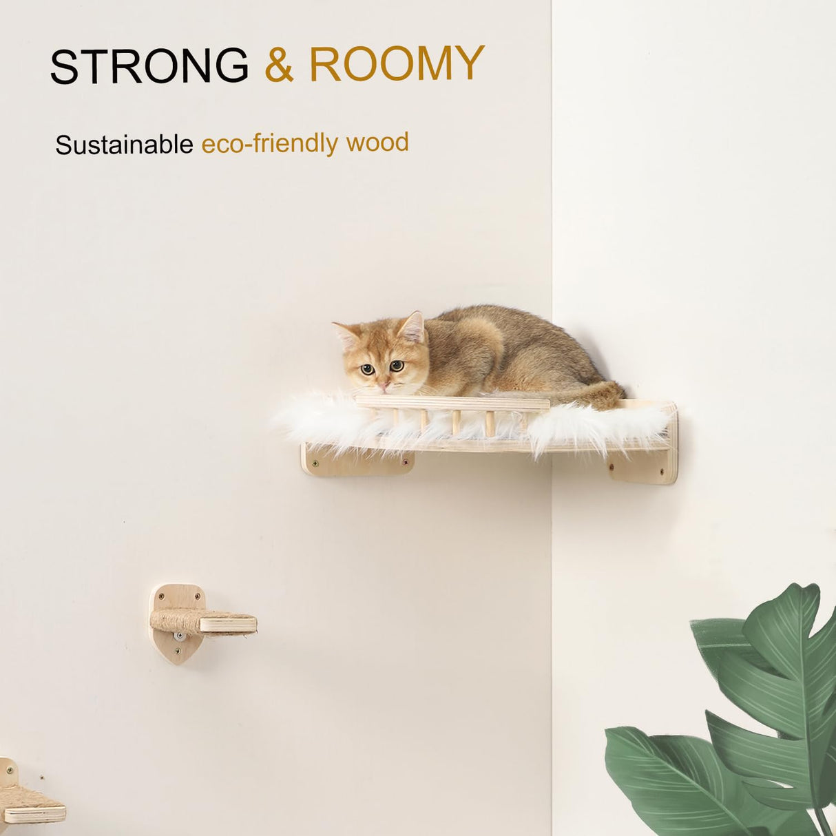 COOLEX Cat Wall Shelves - 3 Steps Scratch Post & Hammock Bed with Plush Cover, Climbing Shelf for Indoor Cats (Wood) COOLEX