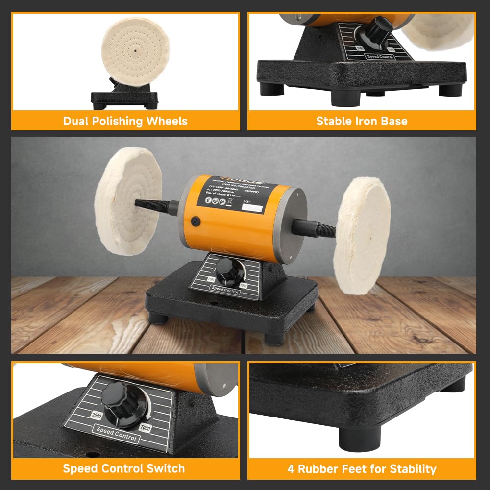 Hoteche 4-3/8-Inch Bench Buffer Polisher Adjustable Speed Electric Buffing Machine for Metal, Wood, Jewelry, Sanding, Waxing Hoteche