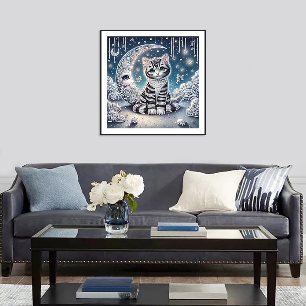 Stalente Diamond Painting Kits for Adults Cat and Moon, 5D Special Shape Diamond Art Kits for Beginners, Crystal Rhinestones Diamond Painting for Home Wall Decoration Gift 12×12inch, Animal Stalente