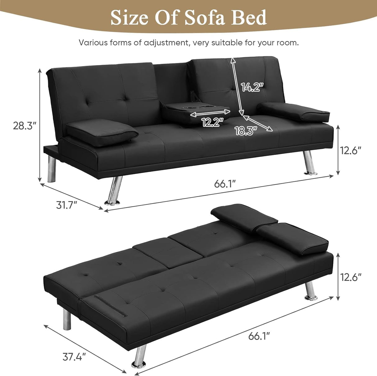 Anwickmak Convertible Futon Sofa Bed,PU Leather Modern Couch Loveseat Sleeper, Folding Daybed Guest Bed, Removable Armrests, 2 Cup Holders, Metal Legs (Black) Anwickmak