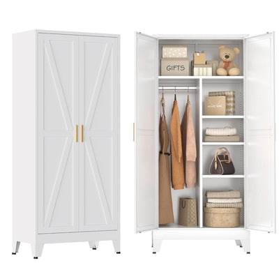 Metal Combination Cabinet, Wardrobe Closet Cabinets with Doors and Shelves, 71" Farmhouse Bedroom Armoire Closet with Hanging Rod and Clothing Shelf, White Steel Wardrobe Cabinet for Bedroom